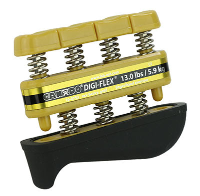 Hand and finger exerciser with four spring-loaded yellow buttons, black palm rest, and visible resistance label showing 13