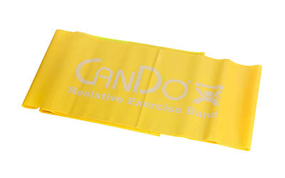 Pre-cut resistance exercise band in yellow latex laying flat, printed with CanDo Resistive Exercise Band logo