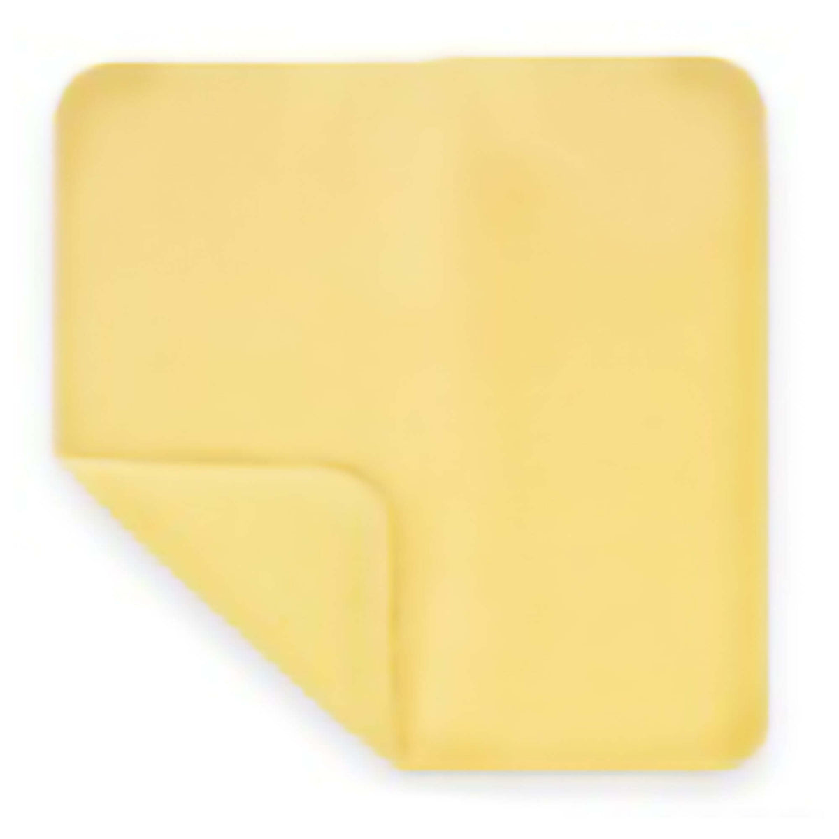 Honey hydrogel wound dressing in yellow square shape with folded corner, shown flat on white background