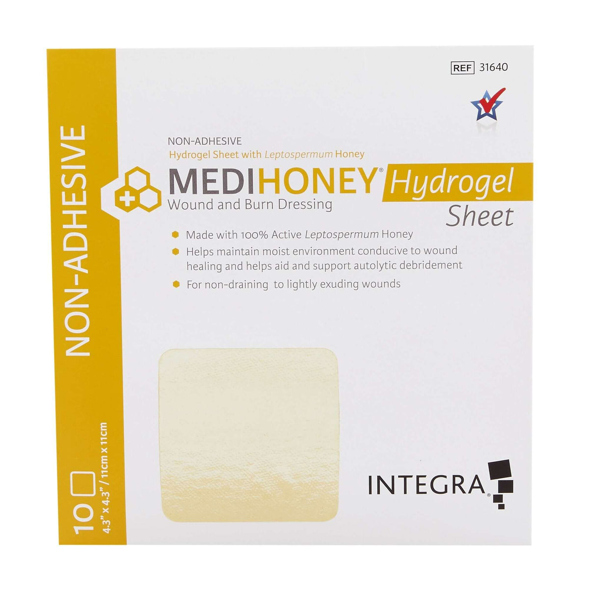 Hydrogel wound dressing box of 10 non-adhesive honey sheets, white and gold packaging with product sample shown front center