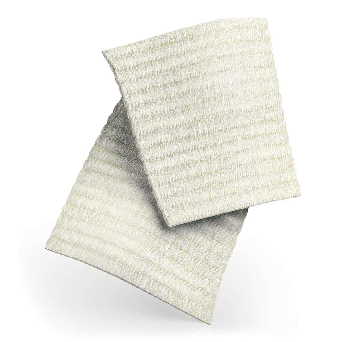 Gelling fiber wound dressings, two white ribbed-texture square pads shown stacked at an angle on white background