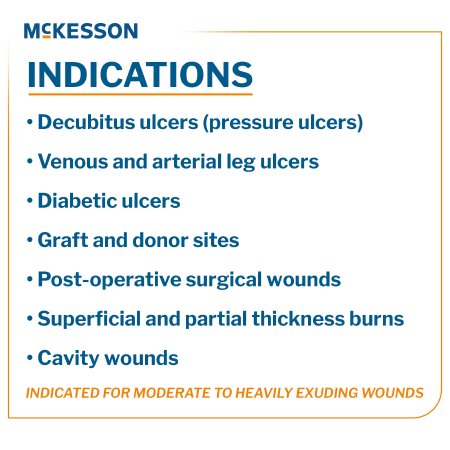 McKesson silver gelling fiber dressing indications chart listing wound types including pressure ulcers, leg ulcers, and burns