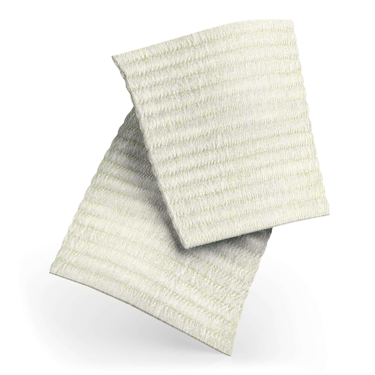Gelling fiber wound dressings, two rectangular white sterile pads with ribbed texture shown overlapping on white background