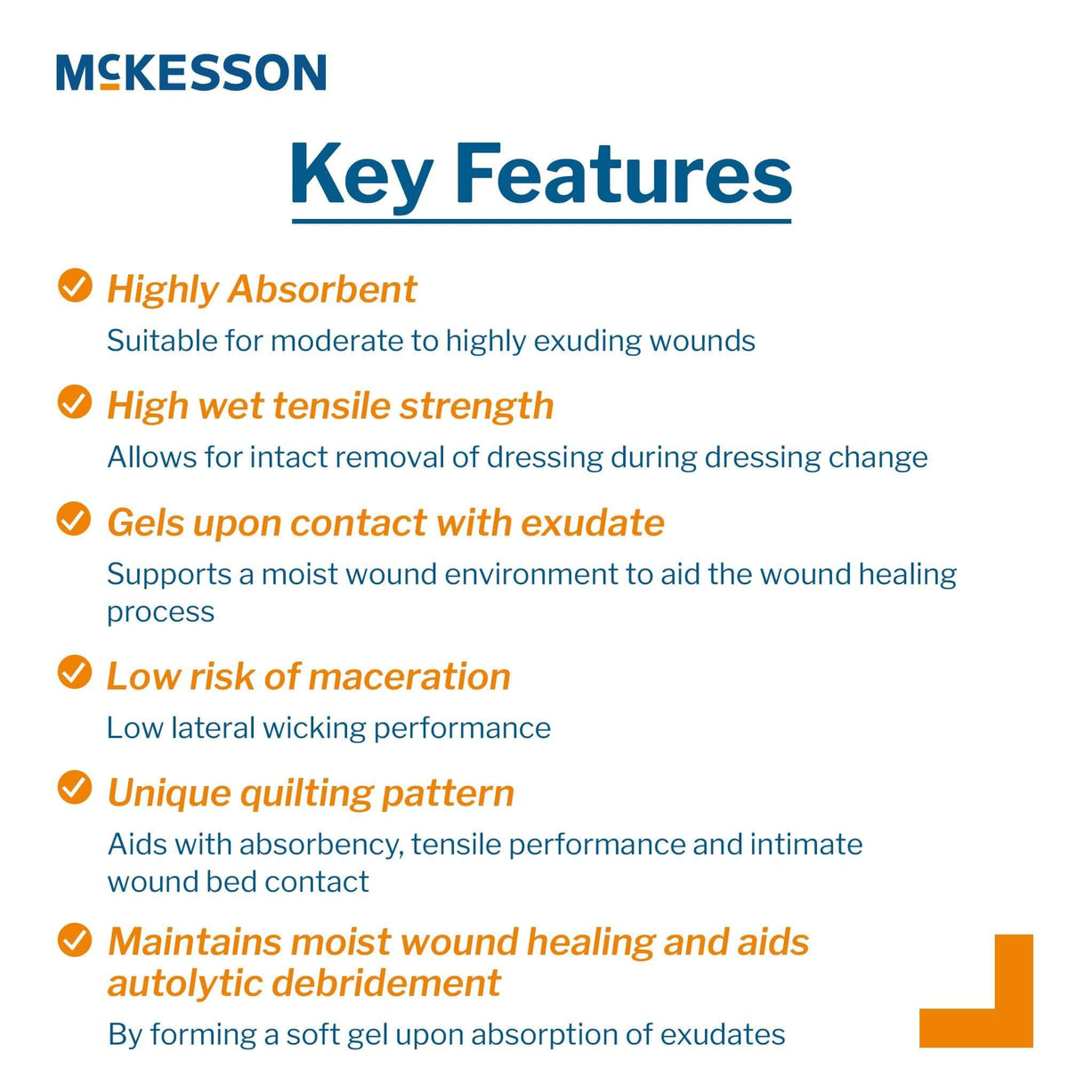 McKesson gelling fiber wound dressing key features infographic listing absorbency, tensile strength, and moist healing