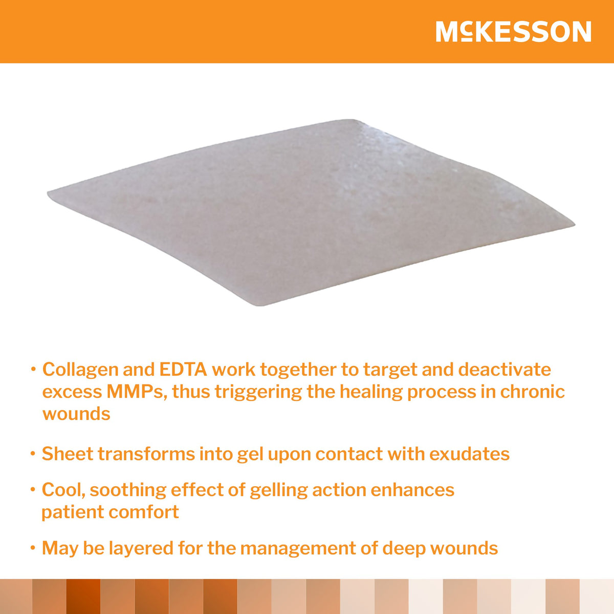 Collagen wound dressing sheet, square shape, off-white textured surface, shown on white background with McKesson branding