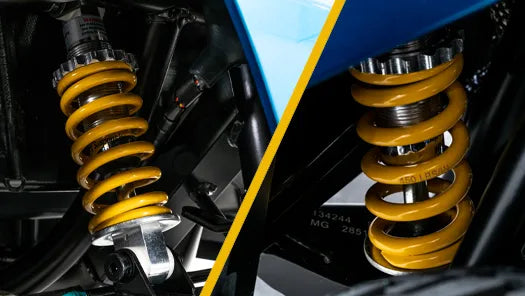 Power wheelchair suspension system showing two close-up views of yellow coil spring shock absorbers on the Victory LX Sport