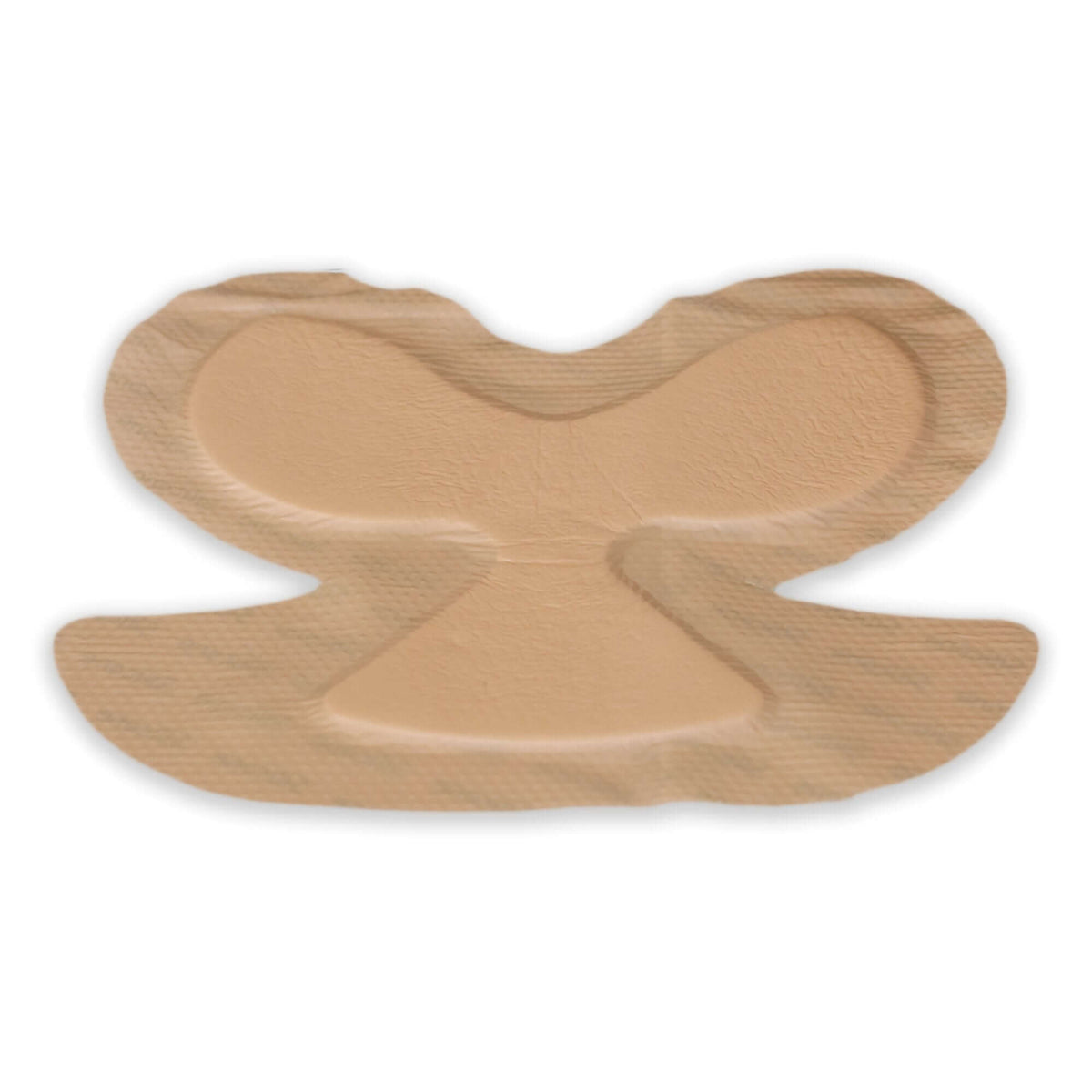 Foam wound dressing with butterfly shape, skin-toned waterproof film border, and raised foam center pad on white background