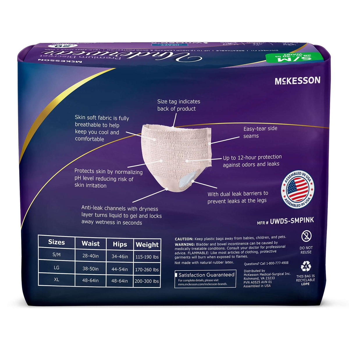 McKesson absorbent underwear package back panel showing product diagram with feature callouts and sizing chart, S/M female