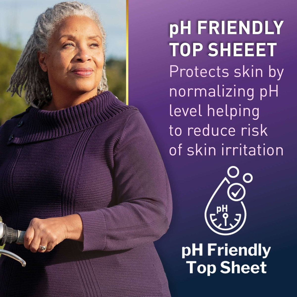 Absorbent underwear feature graphic showing older woman outdoors beside pH friendly top sheet benefit text and icon