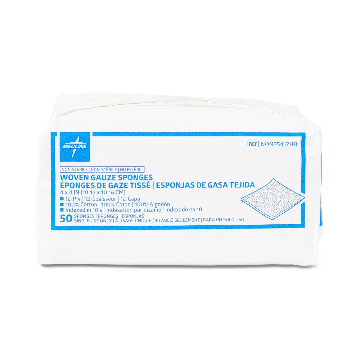 Woven gauze sponges pack with blue and white Medline label showing product details, 50-count bag on white background
