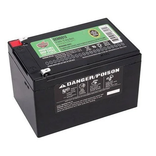 Sealed lead-acid deep cycle battery with black casing, green label, red terminal, and Danger/Poison warning on front