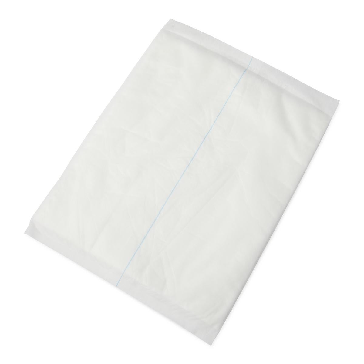 Abdominal pad, white nonsterile disposable dressing with blue center line, shown flat on white background