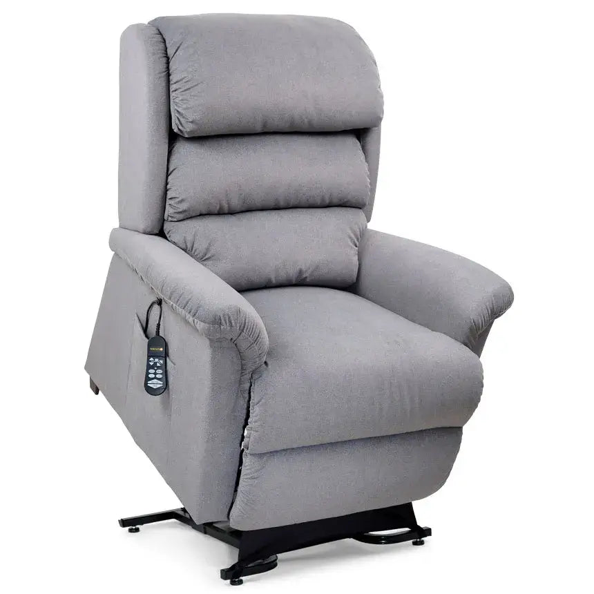 Power lift recliner chair in gray fabric with tufted back cushioning and side-mounted wired remote control
