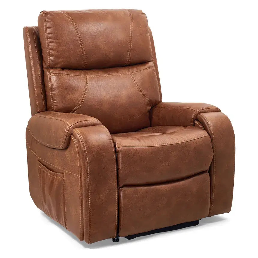 Power lift recliner chair in saddle brown faux leather with pillow back, padded armrests, and side pocket