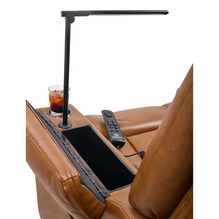 Lift chair armrest tray with built-in LED reading lamp, cup holder, storage compartment, and remote control