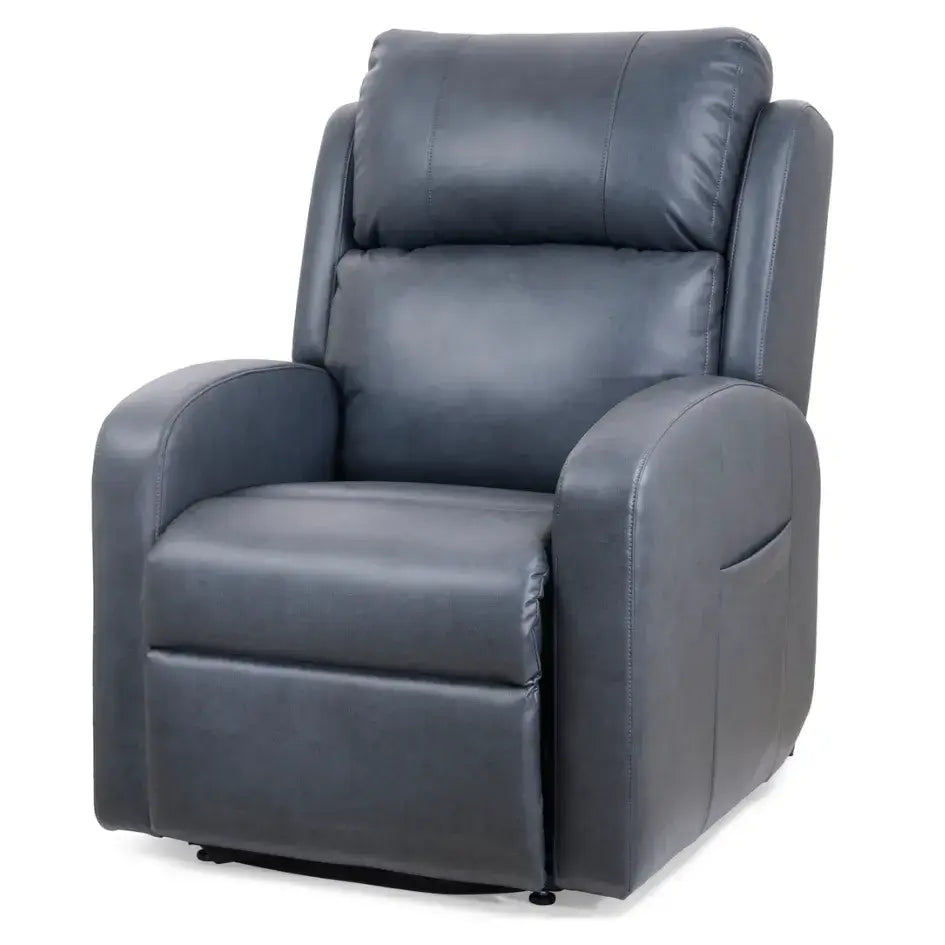 Power lift recliner chair upholstered in gray faux leather with padded high back, cushioned armrests, and side pocket