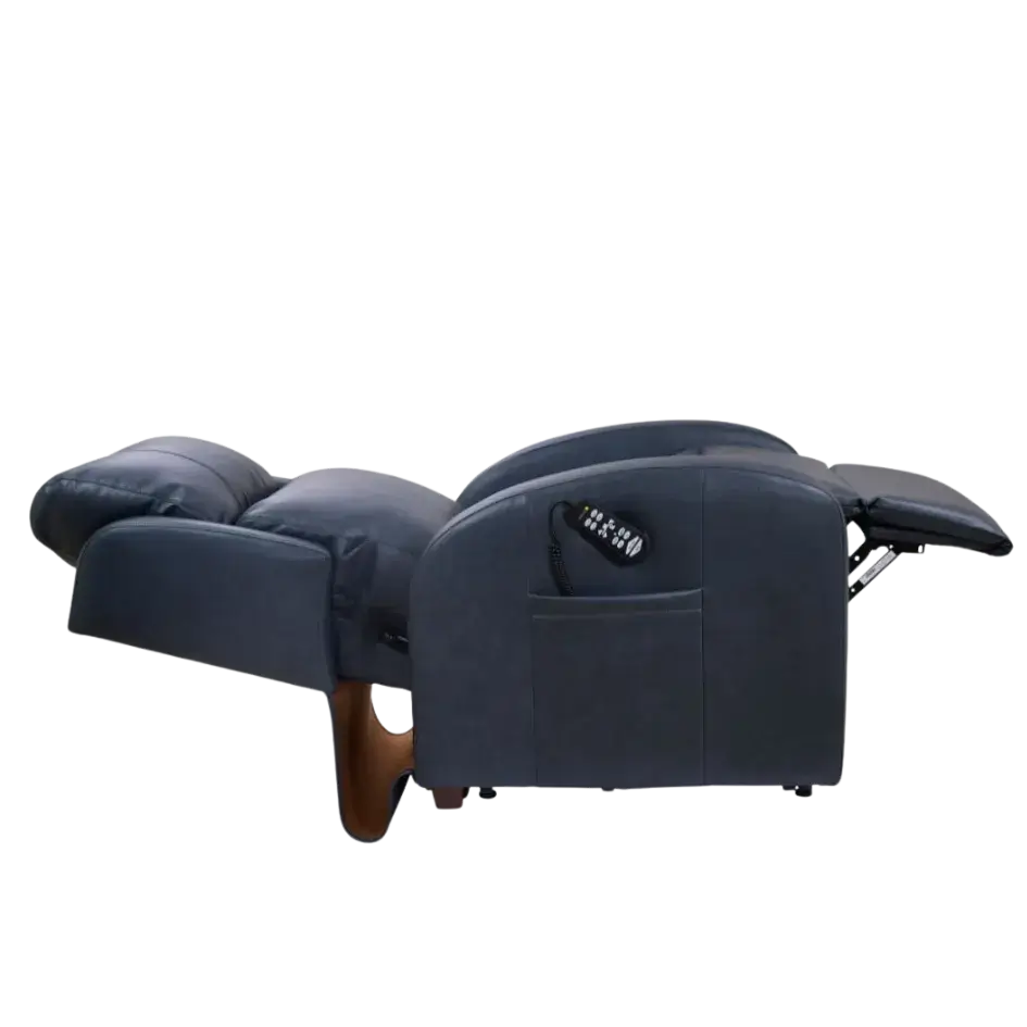 Power lift recliner chair in dark blue upholstery shown fully reclined with footrest extended, side pocket, and wired remote