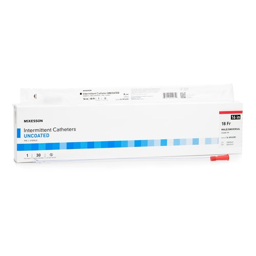 Intermittent catheter uncoated coude tip in white box with blue accents, shown beside a single catheter with red connector