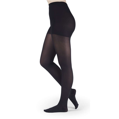 Compression pantyhose in black with closed toe and wide non-adjustable waistband, shown on a female model, side view