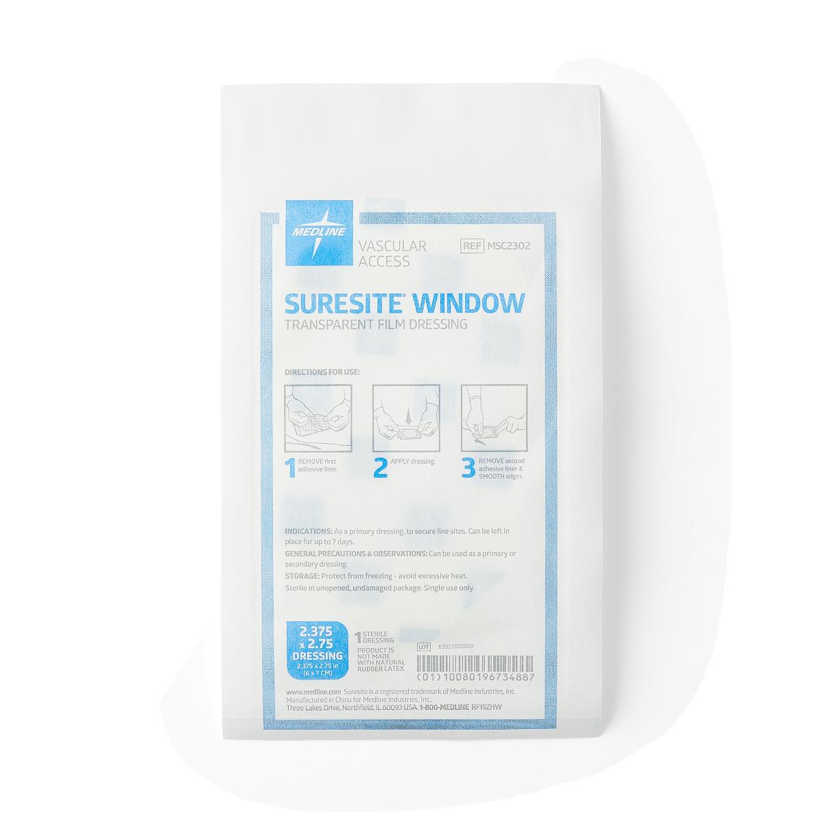 Transparent film dressing in sealed white packaging with blue accents, application instructions, and sterile single-use