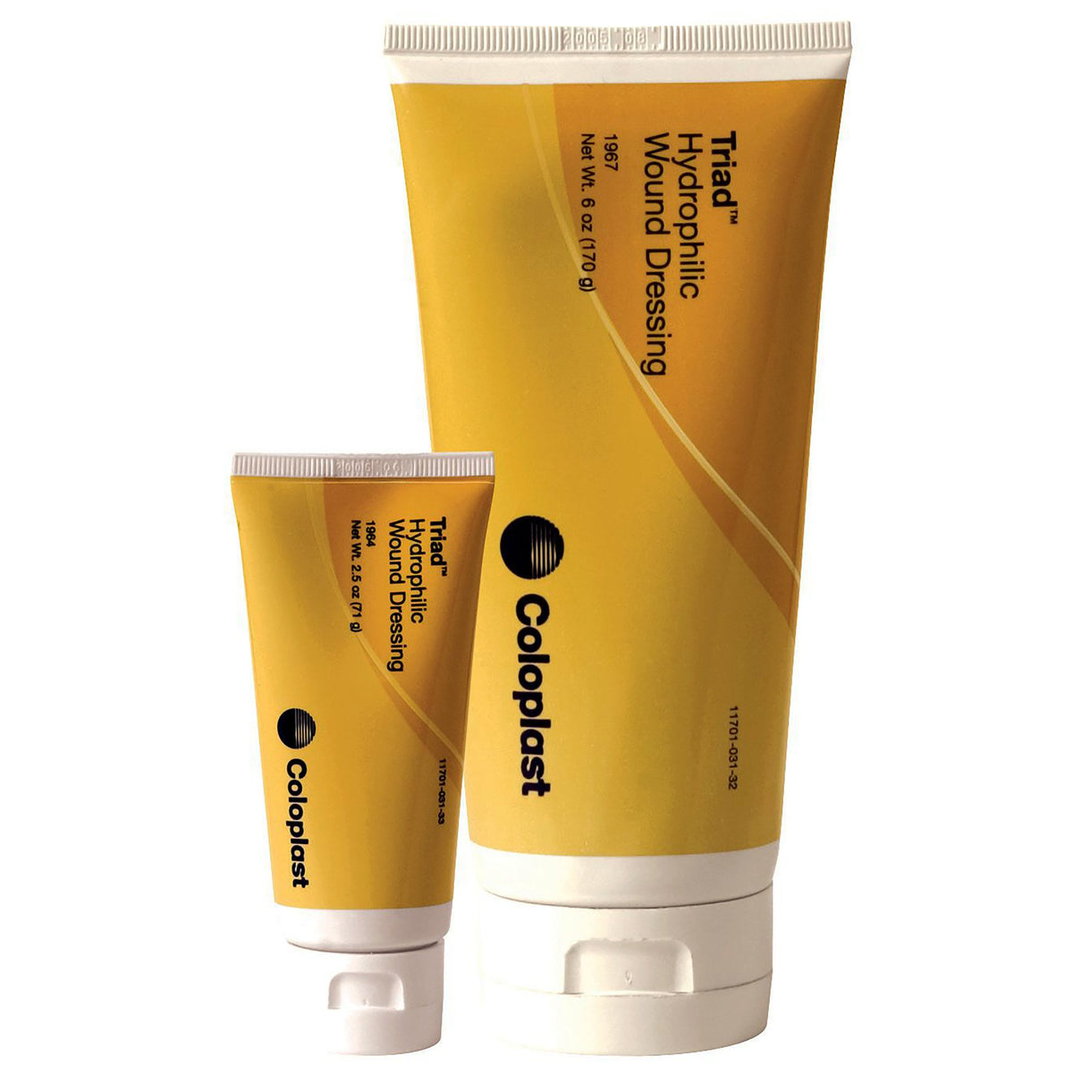 Coloplast Triad Hydrophilic Wound Dressing paste in two yellow squeeze tubes, small and large sizes, on white background