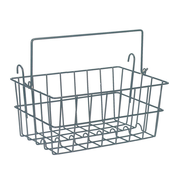 Walker basket with gray wire construction and hook attachments for mounting to a safety roller frame