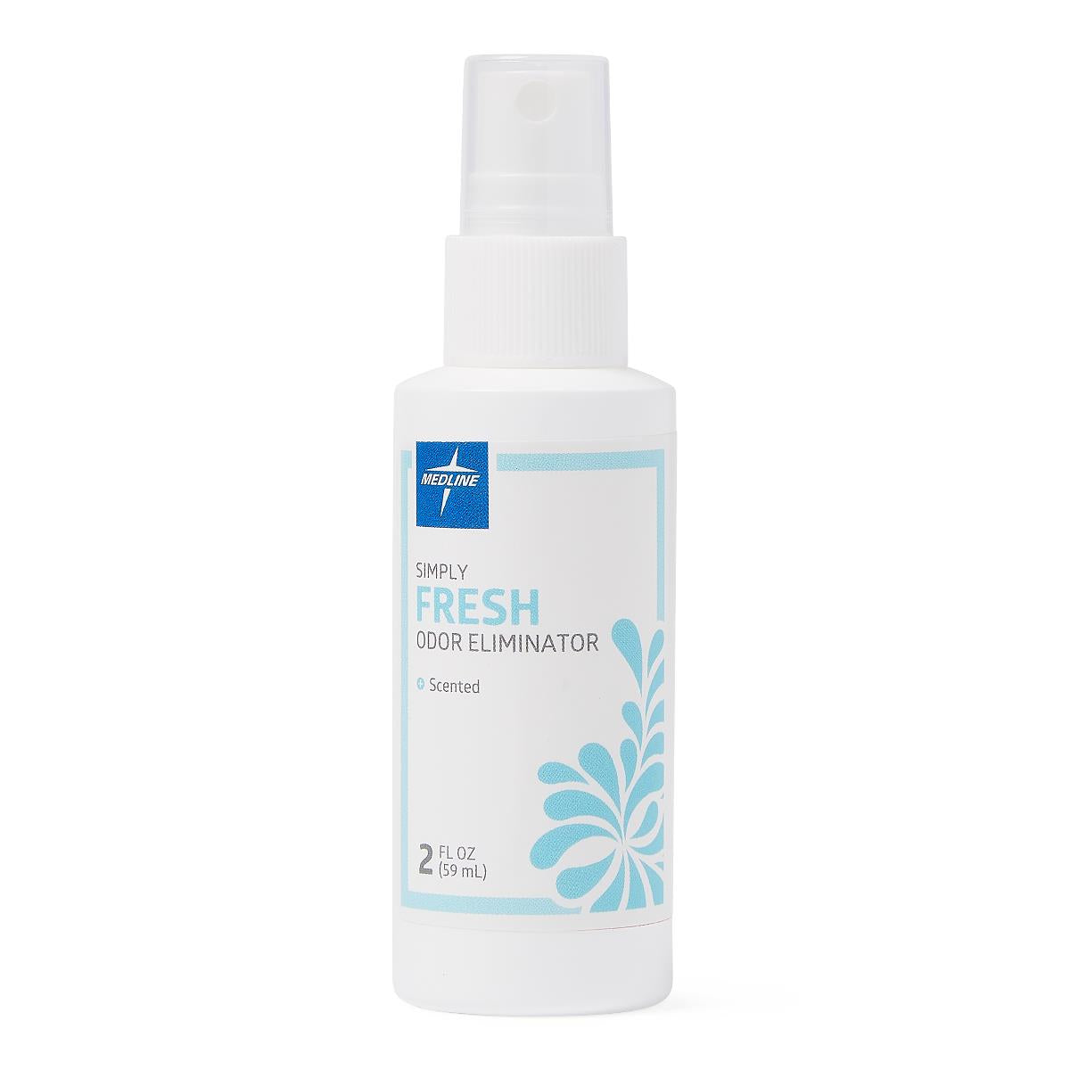 Odor eliminator spray bottle labeled Simply Fresh, scented, 2 fl oz with pump top and light blue floral design on white label