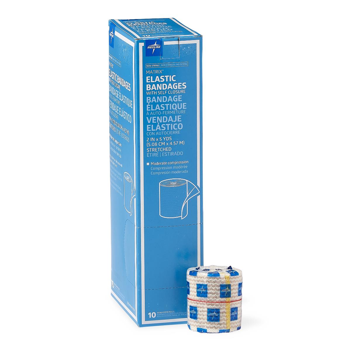 Elastic bandage roll with self-closure beside a blue box of 10, featuring a checkered pattern and colored stripe indicators