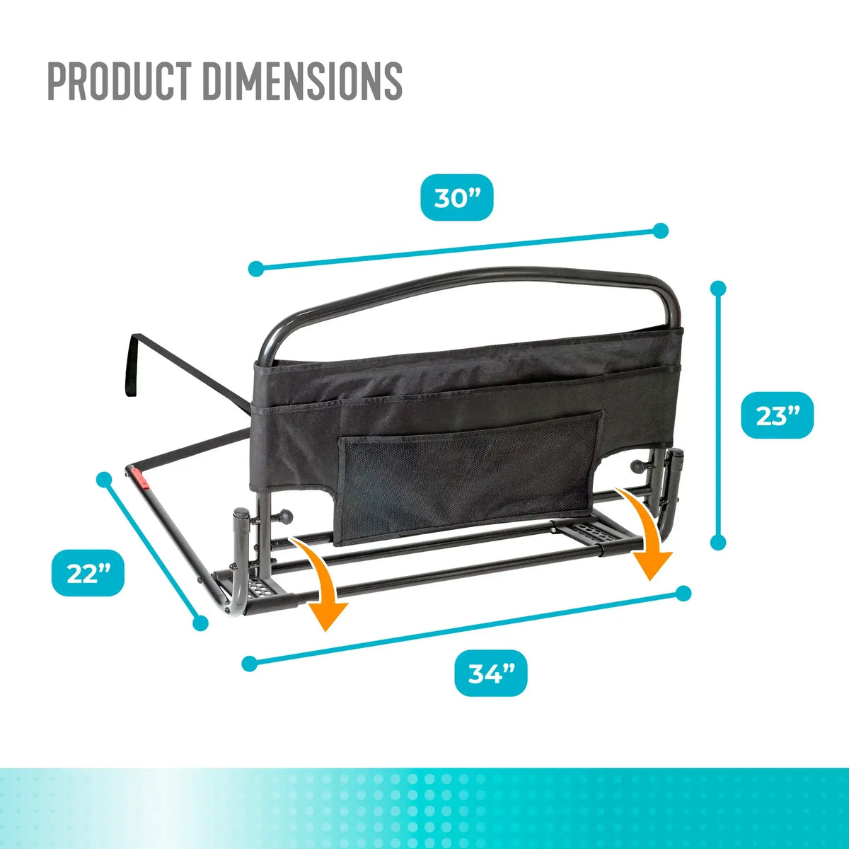 Bed rail dimensions diagram showing black padded safety rail with storage pouch measuring 30"W x 23"H x 34"D with 22" base