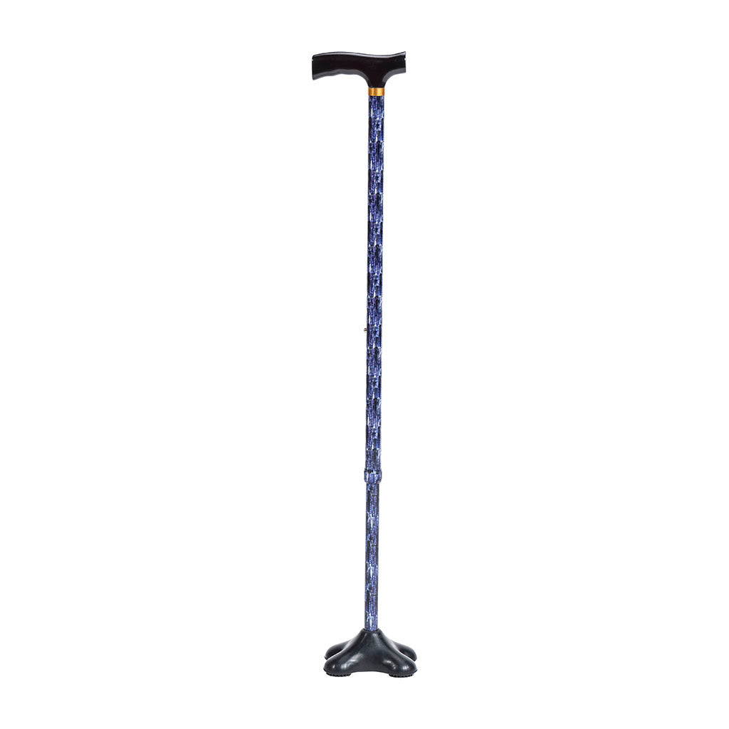 Quad cane with blue patterned shaft, black T-handle, gold accent collar, and four-footed rubber base tip