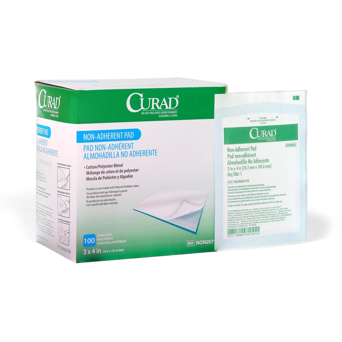 Non-adherent sterile wound pad box of 100 with individual sterile packet shown beside green and white packaging