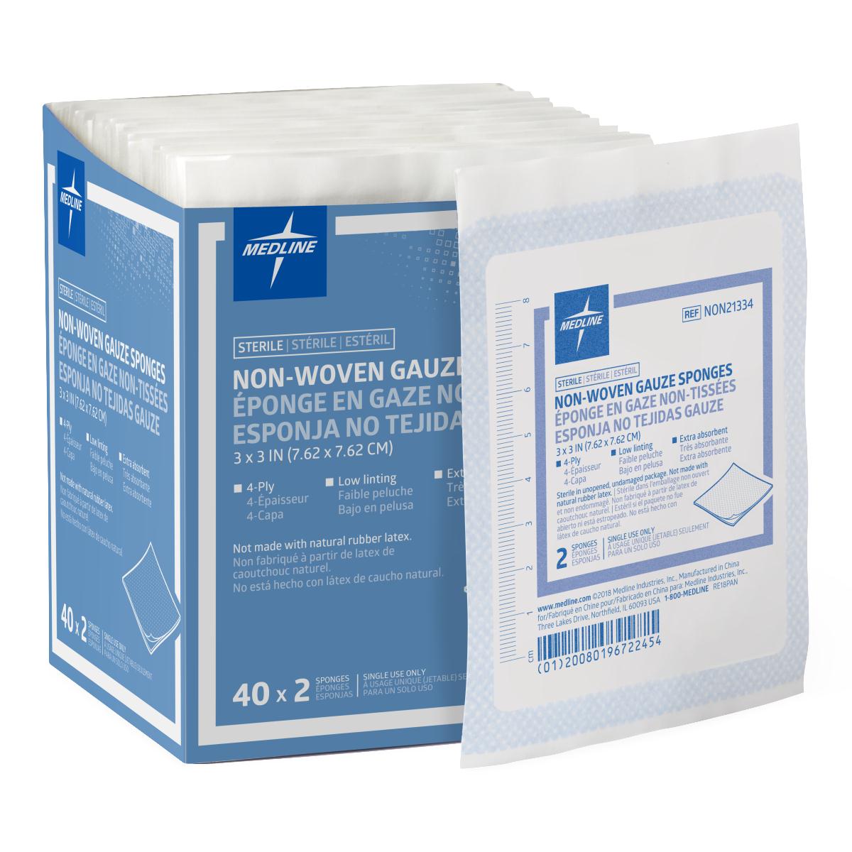 Sterile non-woven gauze sponges box with individual sealed packets, 4-ply, 3x3 inch, 40 packs of 2 by Medline
