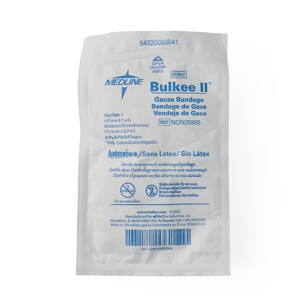 Sterile gauze bandage in sealed white packaging with blue Medline Bulkee II label, latex-free, 6-ply cotton, single use