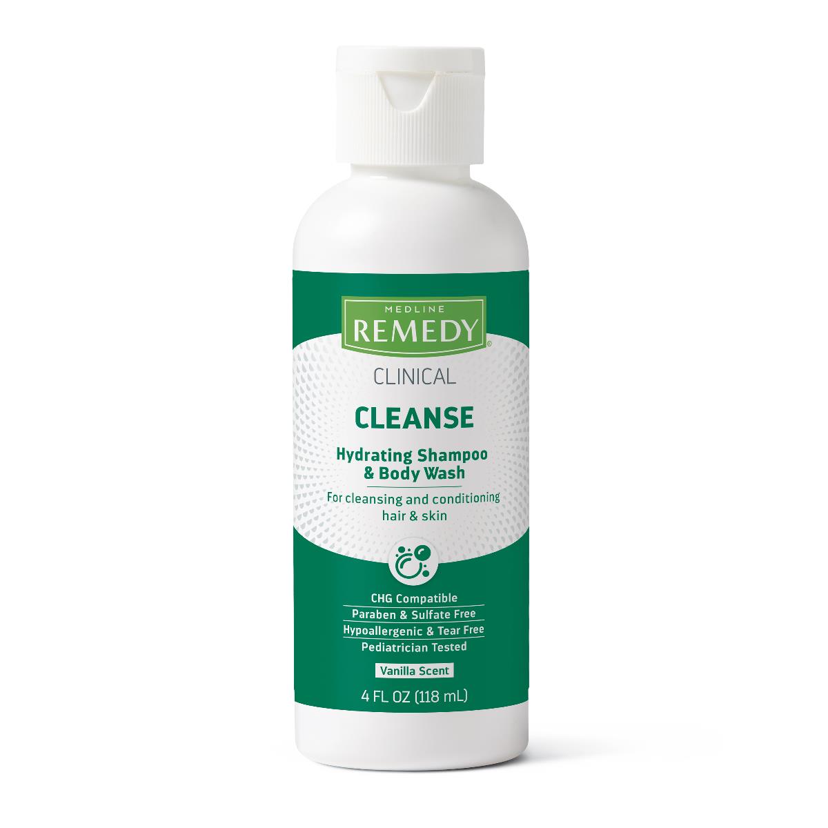 Medline Remedy Clinical hydrating shampoo and body wash in a 4 fl oz white bottle with green label, vanilla scent