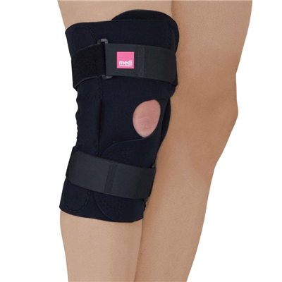 Hinged neoprene knee brace in black with open patella cutout and adjustable straps, shown worn on a leg