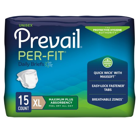 Prevail Per-Fit Daily Briefs package, XL size, 15 count, maximum plus absorbency, unisex adult incontinence briefs