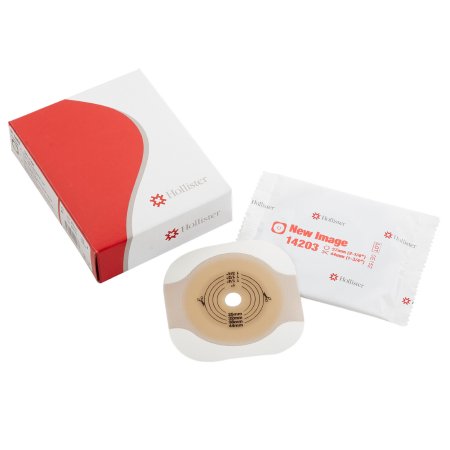 Hollister New Image ostomy skin barrier wafer shown beside its sealed pouch and red-and-white branded box, 5-pack