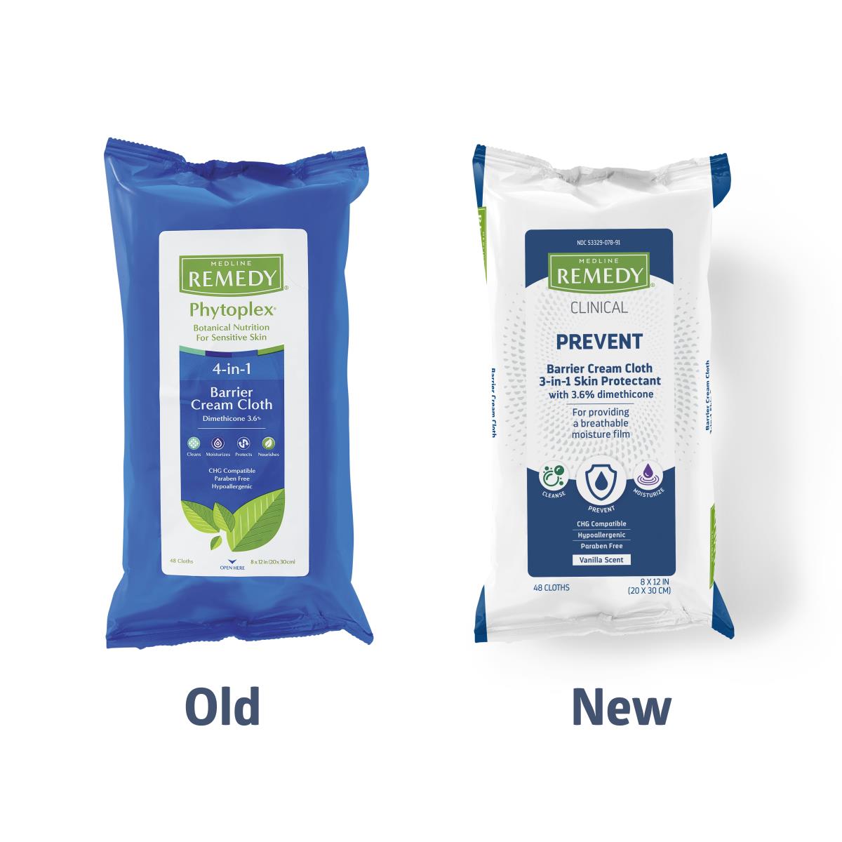Medline Remedy barrier cream cloth wipes packaging comparison showing old blue Phytoplex design beside new white Clinical