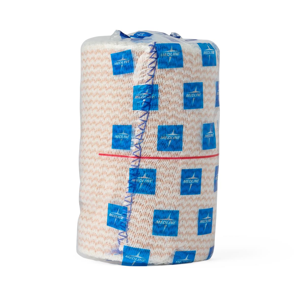 Elastic bandage roll with blue Medline logo pattern, red indicator line, and blue stitched edge, on white background