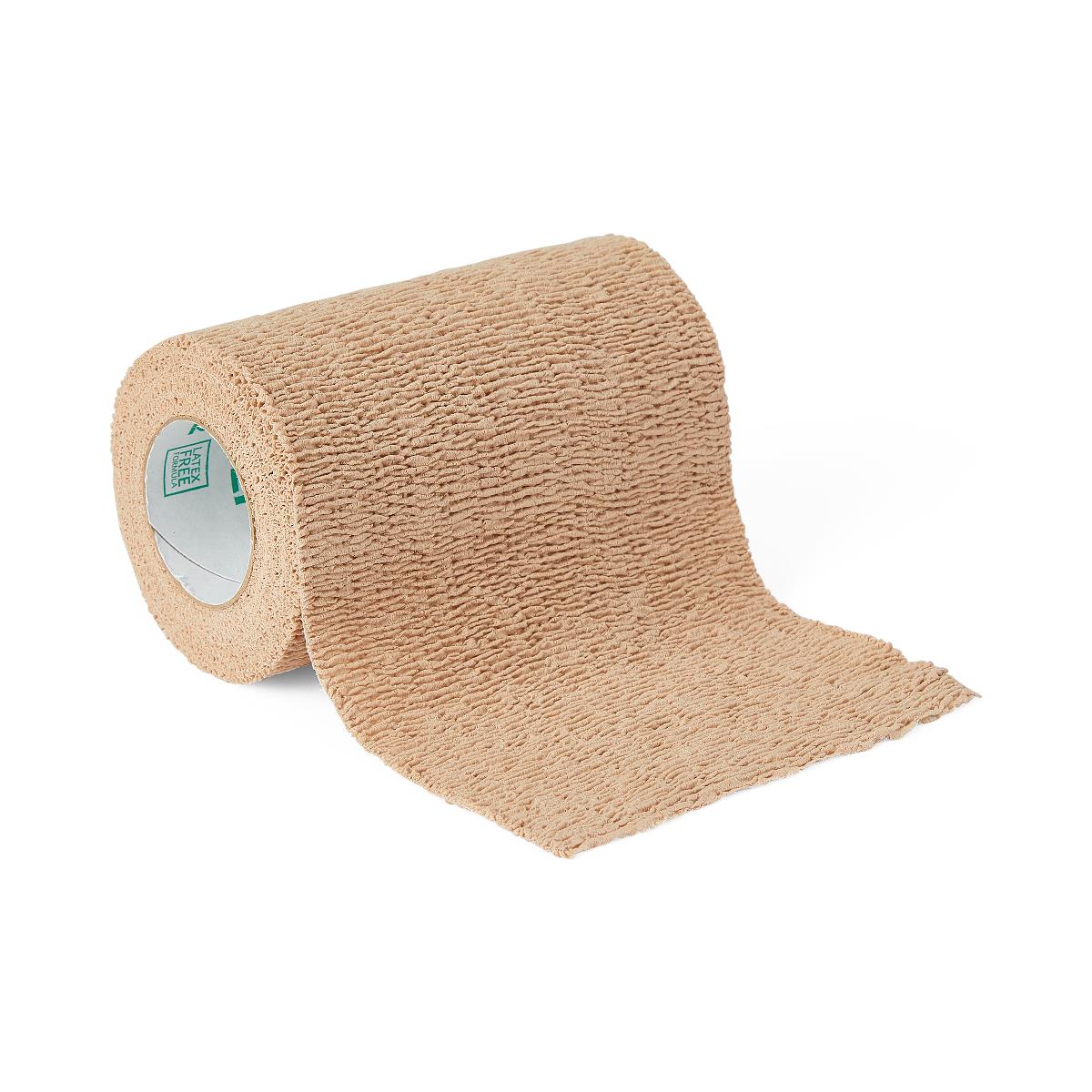 Cohesive bandage roll in tan with textured self-adherent surface, shown on white background with end unrolled slightly