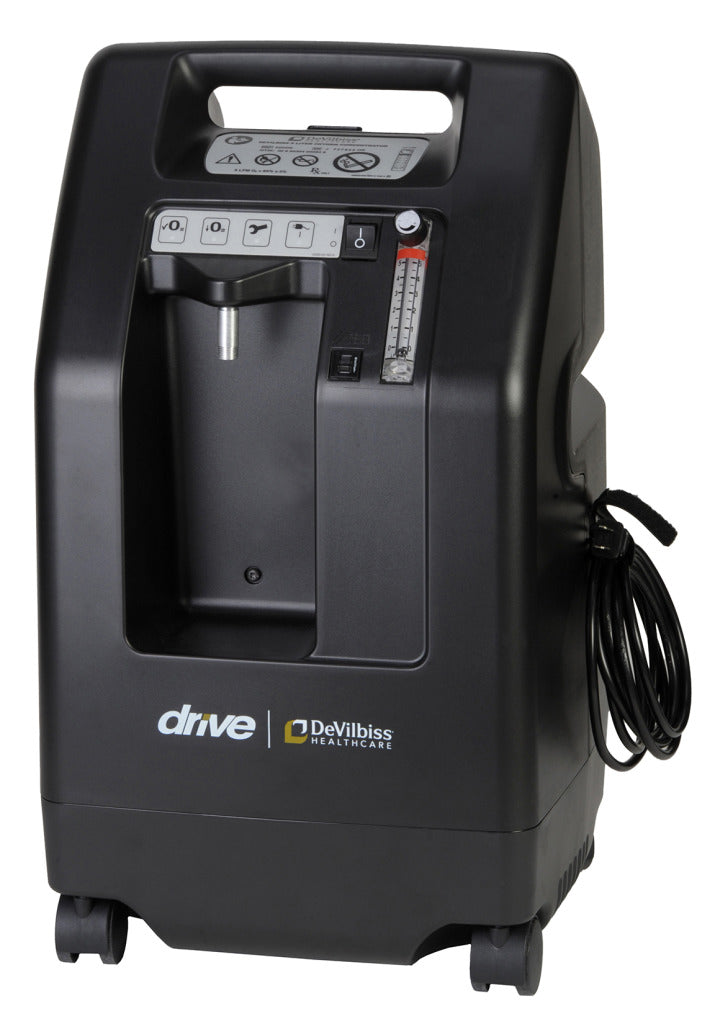 Stationary oxygen concentrator by Drive DeVilbiss, black unit with carry handle, flow meter, control panel, casters, and