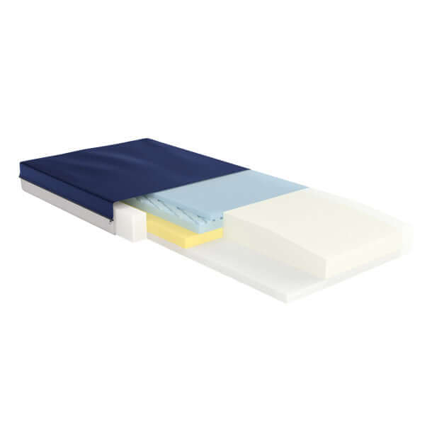 Foam hospital mattress with navy blue cover, cutaway view showing multiple foam layers in white, blue, and yellow