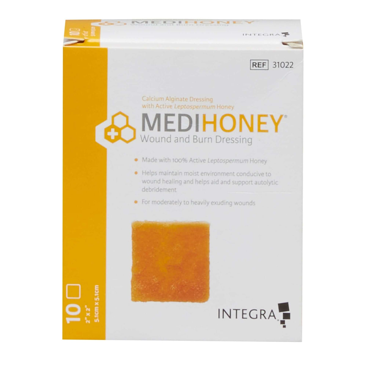 MEDIHONEY Wound and Burn Dressing box with gold accents showing a square honey-impregnated calcium alginate dressing