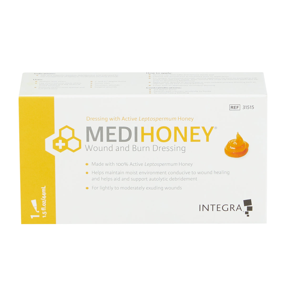 Wound and burn dressing paste box with yellow and white packaging, honeycomb logo, and honey gel illustration on front panel