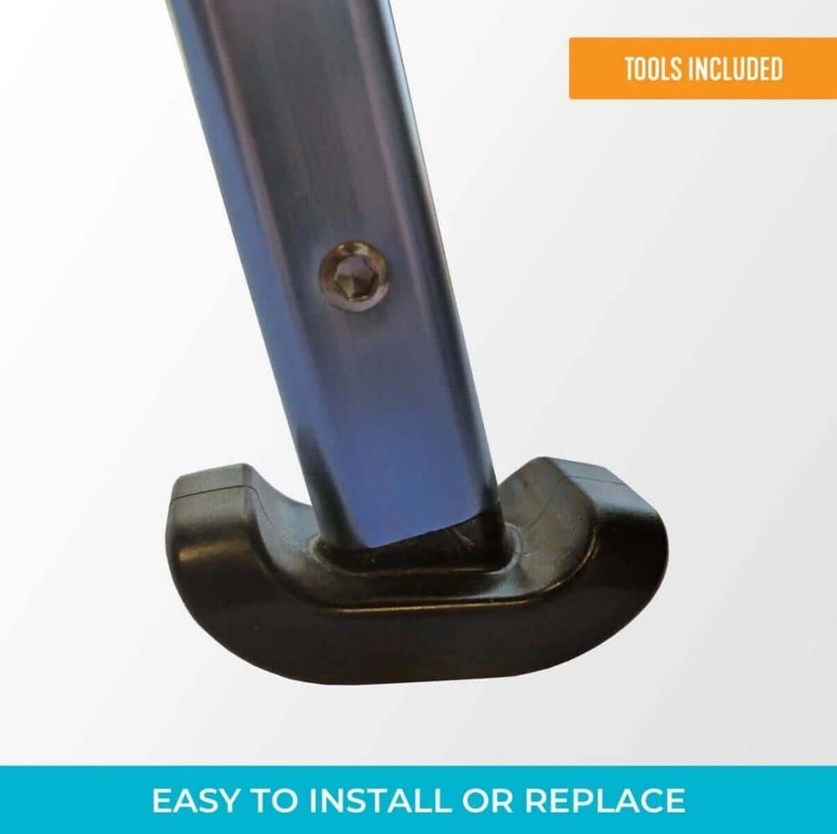Cane or walker replacement glide tip attached to a metal shaft, shown close up with black rubber base and bolt fastener