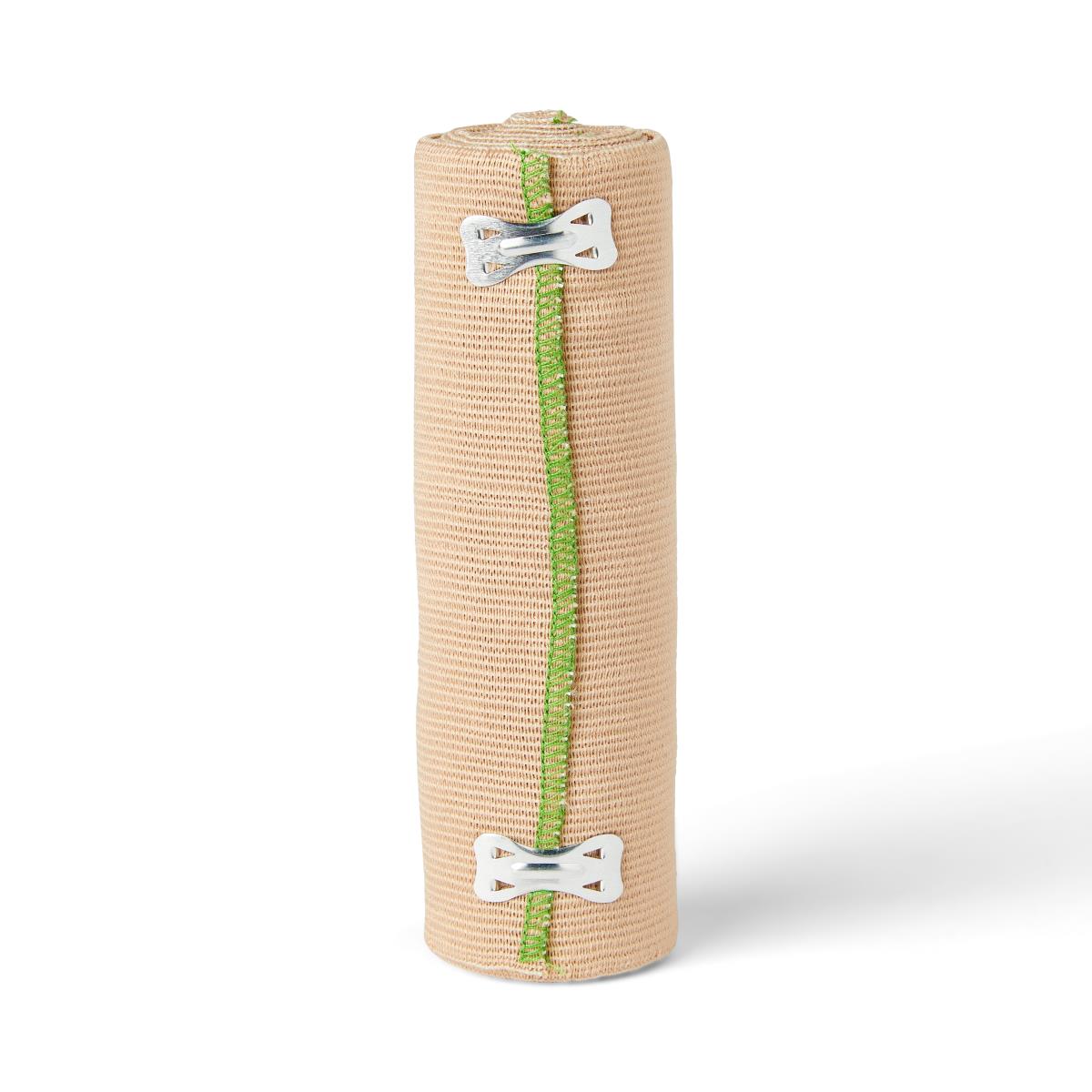 Elastic bandage roll in beige with green stripe, secured by two metal clips, shown upright on white background