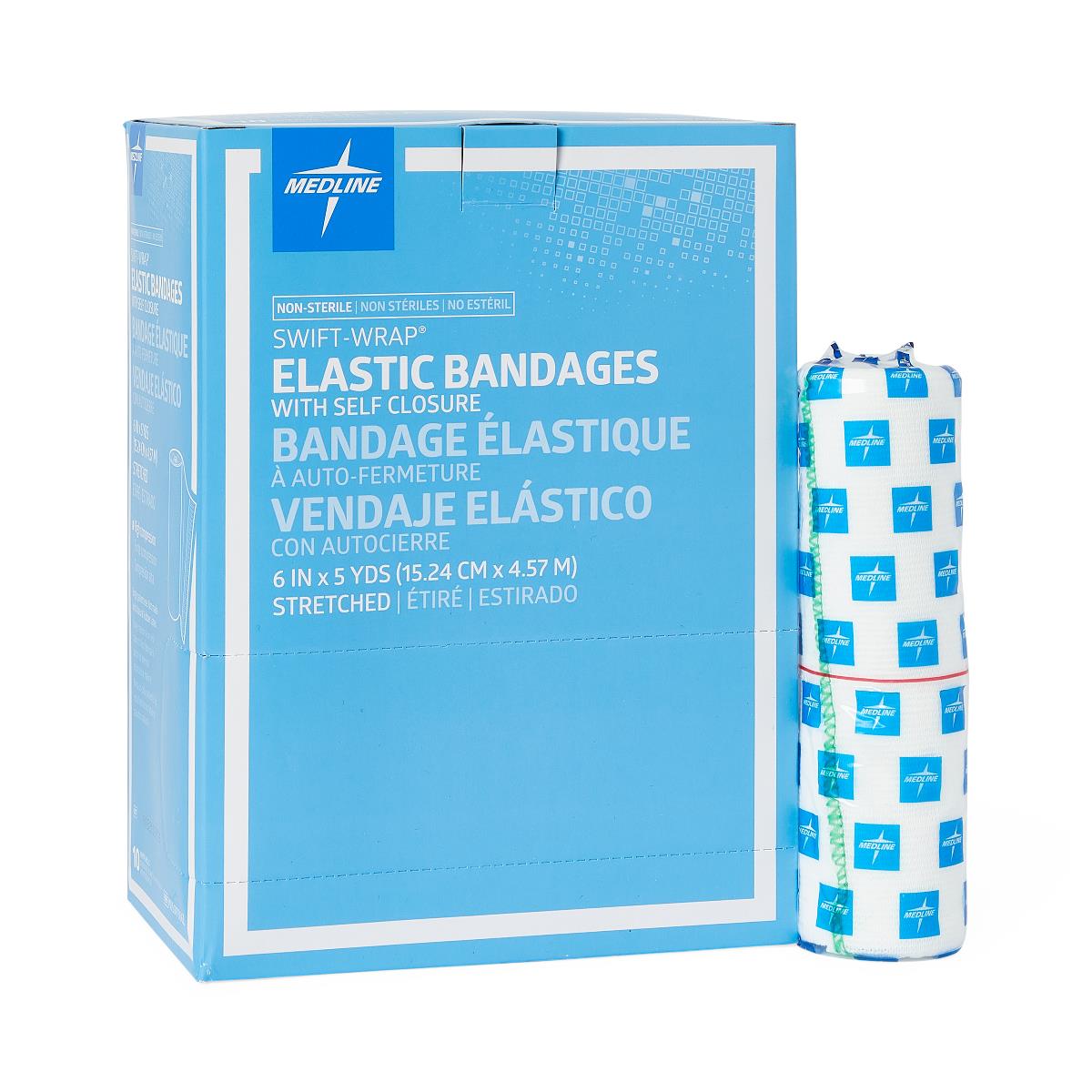 Elastic bandage roll with self-closure beside a blue Medline bulk box, white with blue logo print