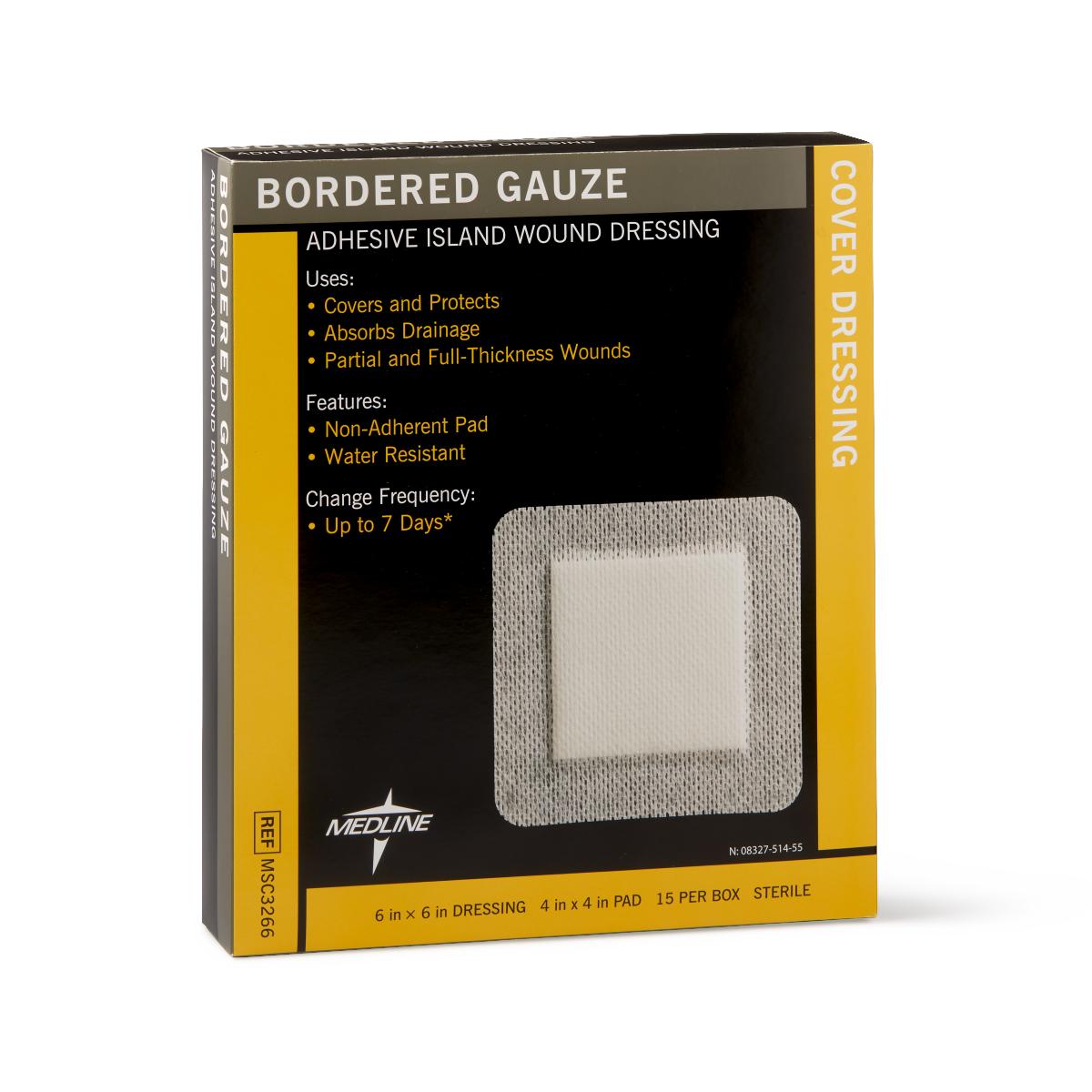 Bordered gauze adhesive island wound dressing box showing product details and a sample dressing with central gauze pad and