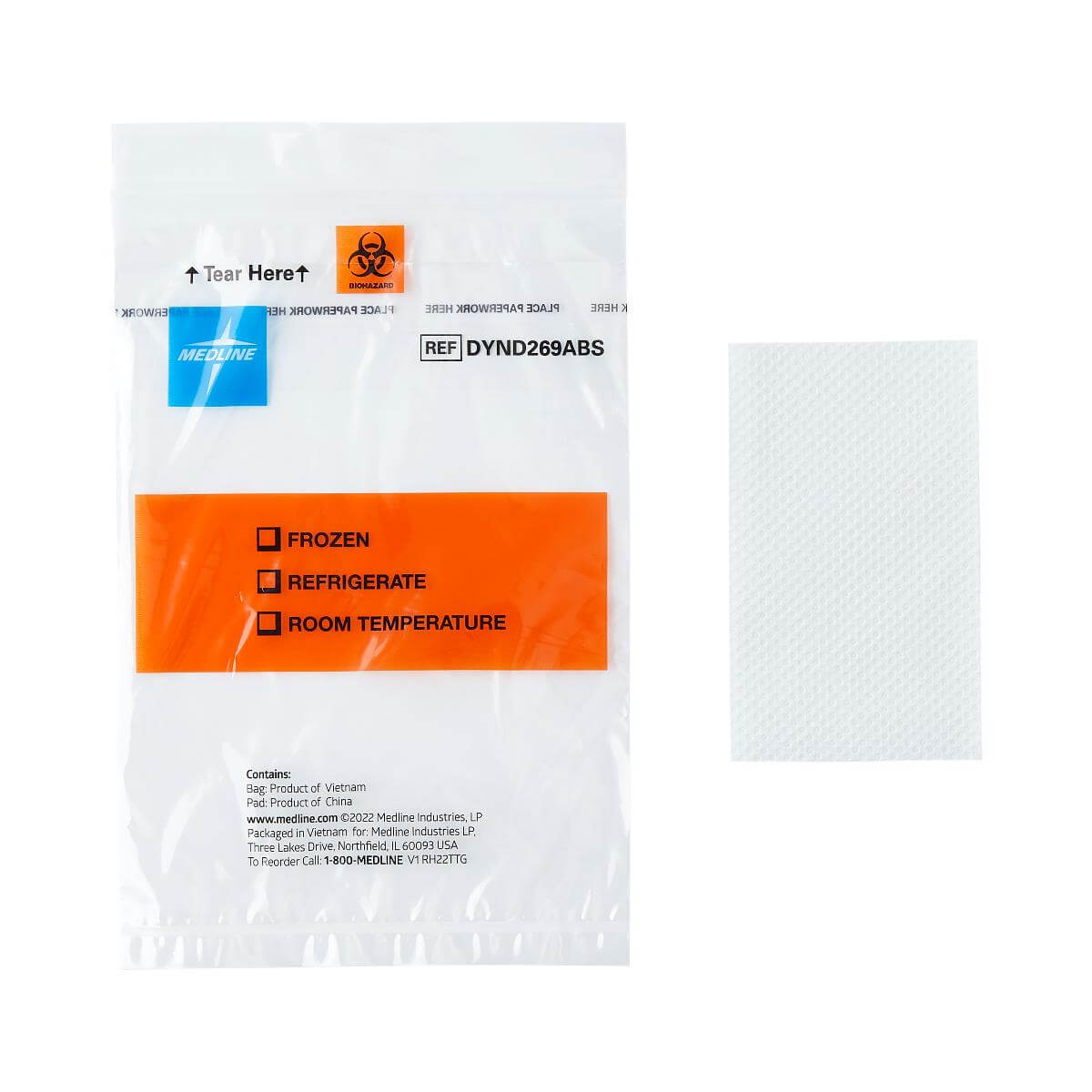 Zip lock specimen bag with biohazard label and orange temperature indicator strip, shown alongside a white absorbent pad