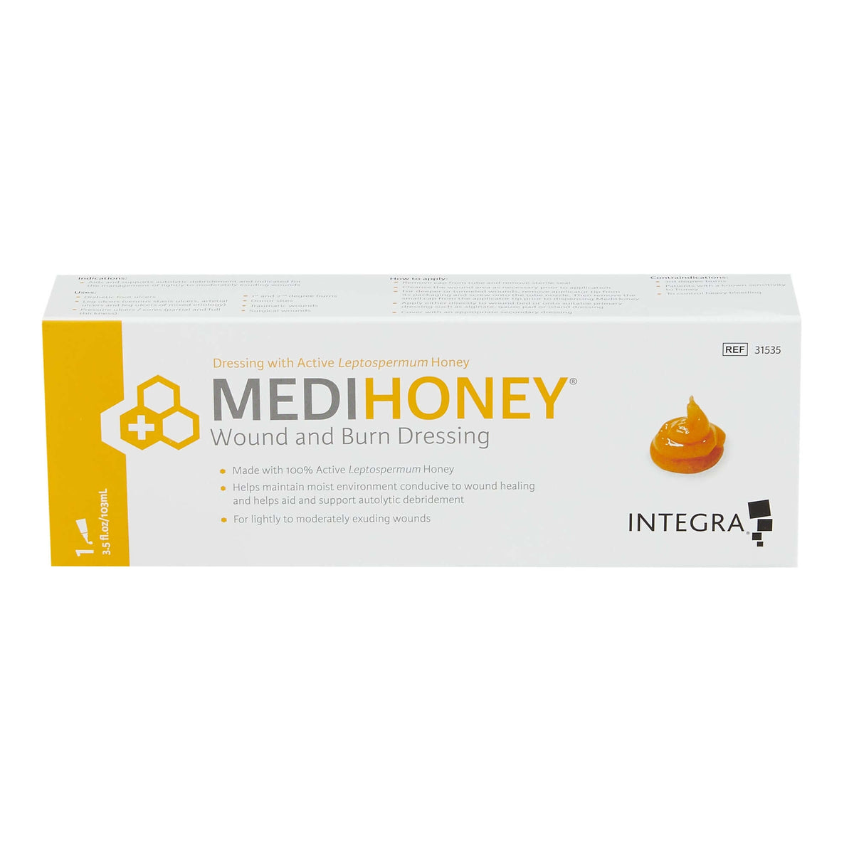 Medihoney wound and burn dressing gel tube in white and yellow retail box with honeycomb logo by Integra, 3.5 fl oz
